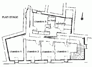 Plan du premier étage du gite de 20 personnes, la maison bleue en Ardèche provençale.
