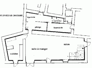 Plan du rez de chaussée du gite de 20 personnes, la maison bleue en Ardèche.
