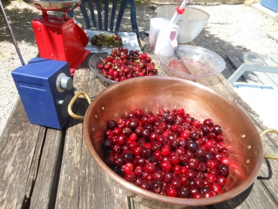 Confection de confiture de cerises à la maison bleue